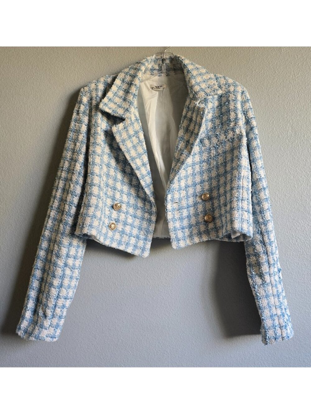Jason Wu Blue White Cropped Tweed Plaid Jacket size 8